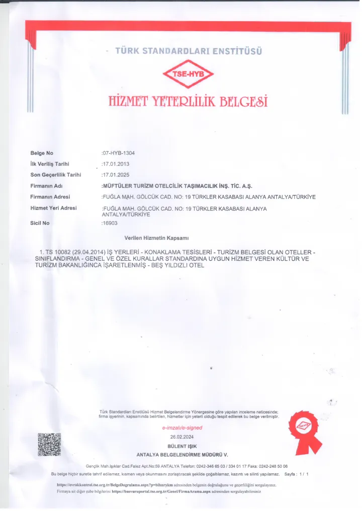 Belge / sertifika 7 — Adenya Resort Hotel
