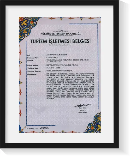Belge / sertifika 9 — Adenya Resort Hotel